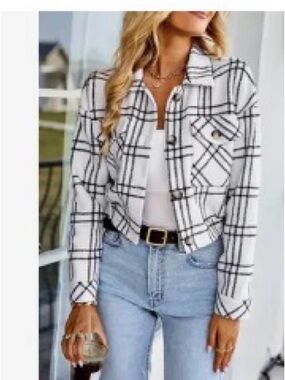 White and Black Plaid Cropped Button Shacket